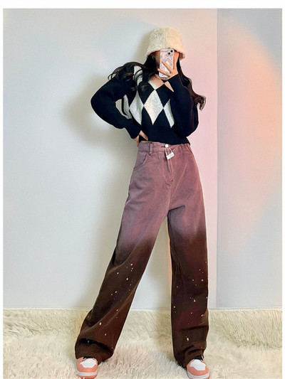 Gradient Γυναικείο τζιν ψηλόμεσο φαρδύ πόδι βαμβακερό τζιν Ρούχα καφέ Streetwear Vintage μόδας Harajuku ίσιο παντελόνι τζιν