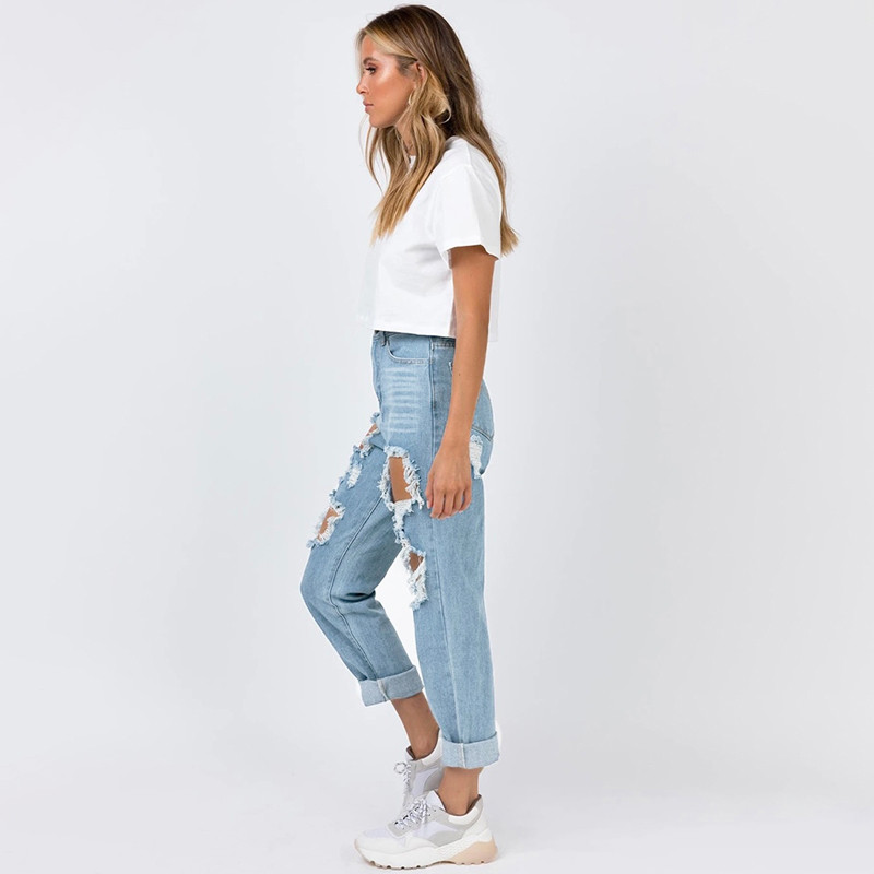 Plave traperice ravnih nogavica do srednjeg kroja u struku Proljeće i jesen Ženske svakodnevne ležerne univerzalne traperice uskog kroja s ravnim manžetama s rupama