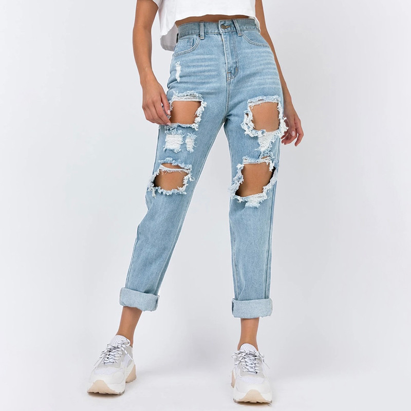 Plave traperice ravnih nogavica do srednjeg kroja u struku Proljeće i jesen Ženske svakodnevne ležerne univerzalne traperice uskog kroja s ravnim manžetama s rupama