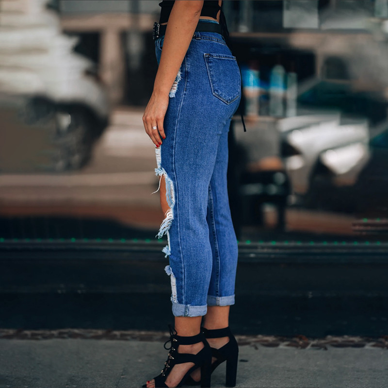 Naiste auguga rebenenud kitsad teksad Stretch Trendikad teksad Naiste sirge distressi pliiatsiga teksad Mansetid Tänavarõivad Denimpüksid