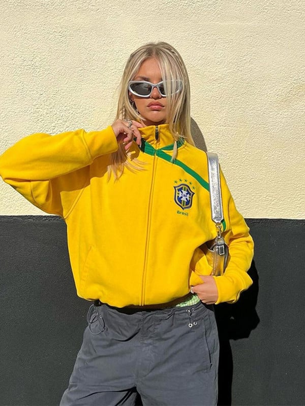 Američko žute majice sa samostojećim ovratnikom Y2K Street 2000-ih Retro vez s dugim rukavima s patentnim zatvaračem Brazilske jakne s kapuljačom Ženske