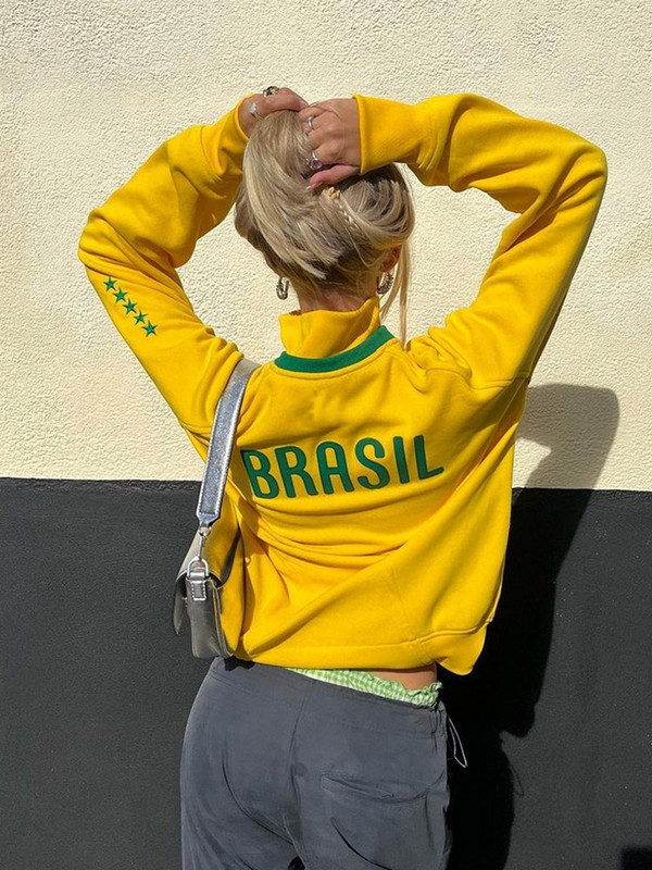 Američko žute majice sa samostojećim ovratnikom Y2K Street 2000-ih Retro vez s dugim rukavima s patentnim zatvaračem Brazilske jakne s kapuljačom Ženske