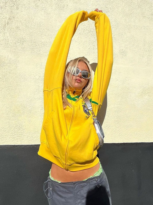 Američko žute majice sa samostojećim ovratnikom Y2K Street 2000-ih Retro vez s dugim rukavima s patentnim zatvaračem Brazilske jakne s kapuljačom Ženske