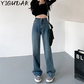 2022 Γυναικεία τζιν Vintage φαρδιά τζιν με ελαστική μέση Oversized μακρύ παντελόνι τζιν παντελόνι φαρδύ πόδι Streetwear ίσια βασικά καθημερινά