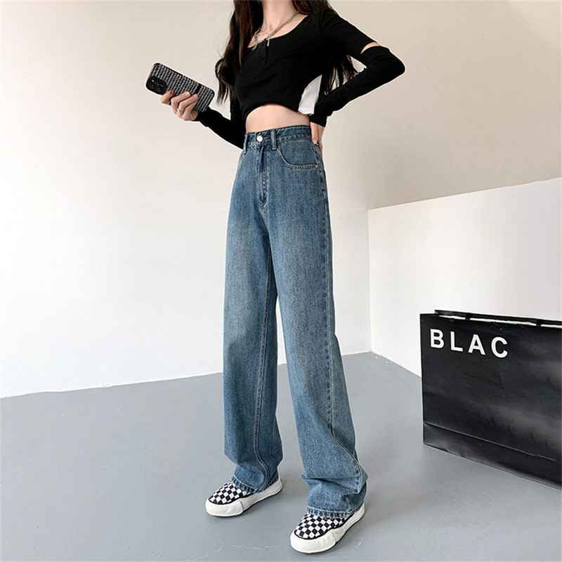 2022 Γυναικεία τζιν Vintage φαρδιά τζιν με ελαστική μέση Oversized μακρύ παντελόνι τζιν παντελόνι φαρδύ πόδι Streetwear ίσια βασικά καθημερινά