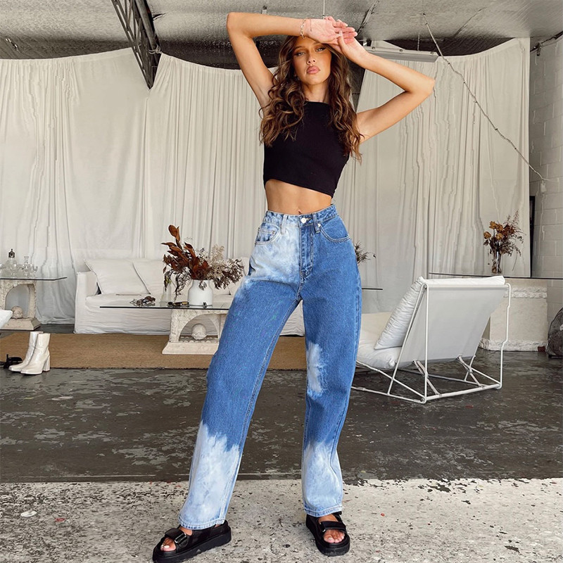 Ženske izbijeljene Boyfriend traperice, široke traper hlače srednjeg struka, ravne hlače Y2k Streetwear Isprane hlače pune dužine