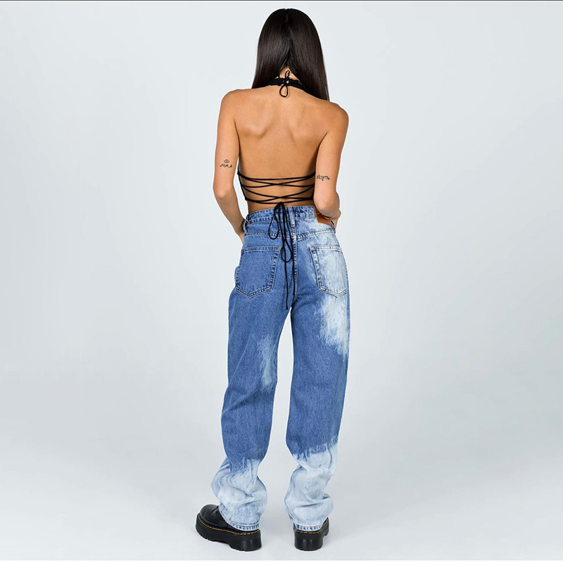 Ženske izbijeljene Boyfriend traperice, široke traper hlače srednjeg struka, ravne hlače Y2k Streetwear Isprane hlače pune dužine