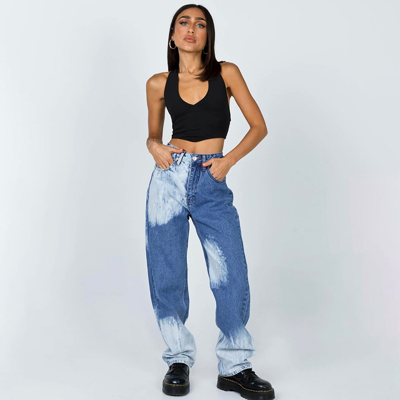 Ženske izbijeljene Boyfriend traperice, široke traper hlače srednjeg struka, ravne hlače Y2k Streetwear Isprane hlače pune dužine