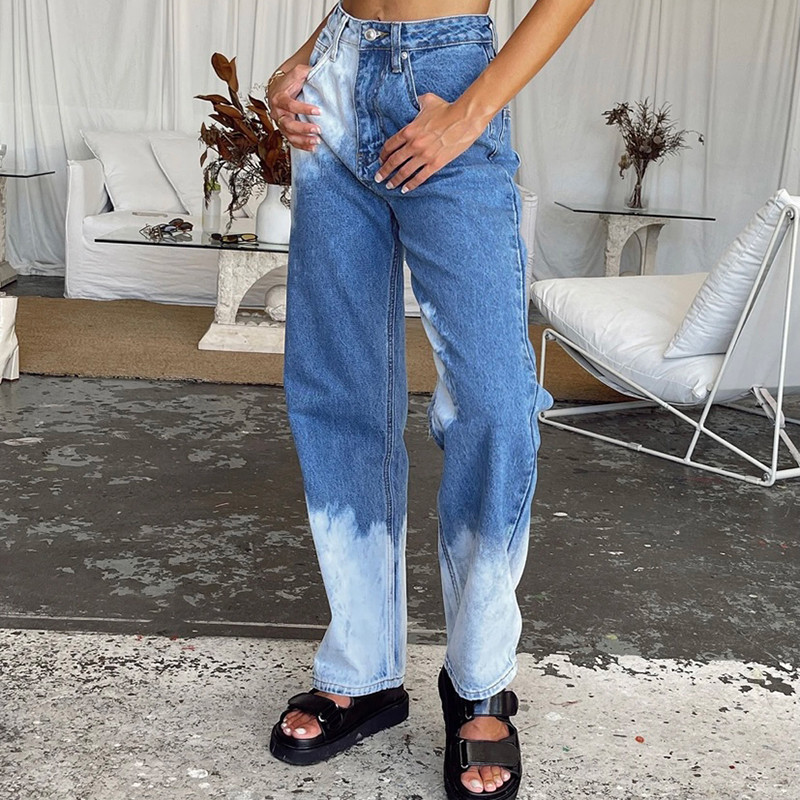 Ženske izbijeljene Boyfriend traperice, široke traper hlače srednjeg struka, ravne hlače Y2k Streetwear Isprane hlače pune dužine