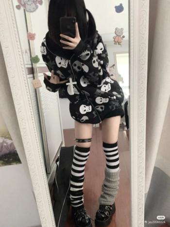 HOUZHOU Harajuku Grunge Vintage Zip Up Hoodies Women 2023 Gothic Skull Print Японски моден суичър Streetwear Y2k Clothes