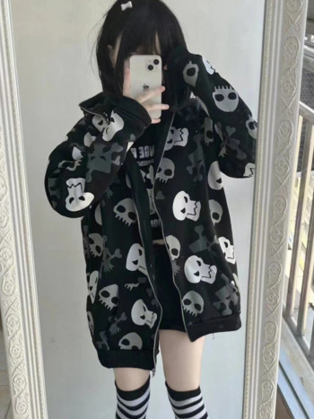 HOUZHOU Harajuku Grunge Vintage Zip Up Hoodies Women 2023 Gothic Skull Print Японски моден суичър Streetwear Y2k Clothes