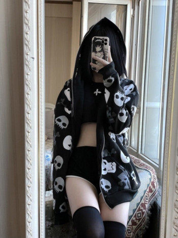 HOUZHOU Harajuku Grunge Vintage Zip Up Hoodies Women 2023 Gothic Skull Print Японски моден суичър Streetwear Y2k Clothes