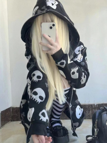 HOUZHOU Harajuku Grunge Vintage Zip Up Hoodies Women 2023 Gothic Skull Print Японски моден суичър Streetwear Y2k Clothes