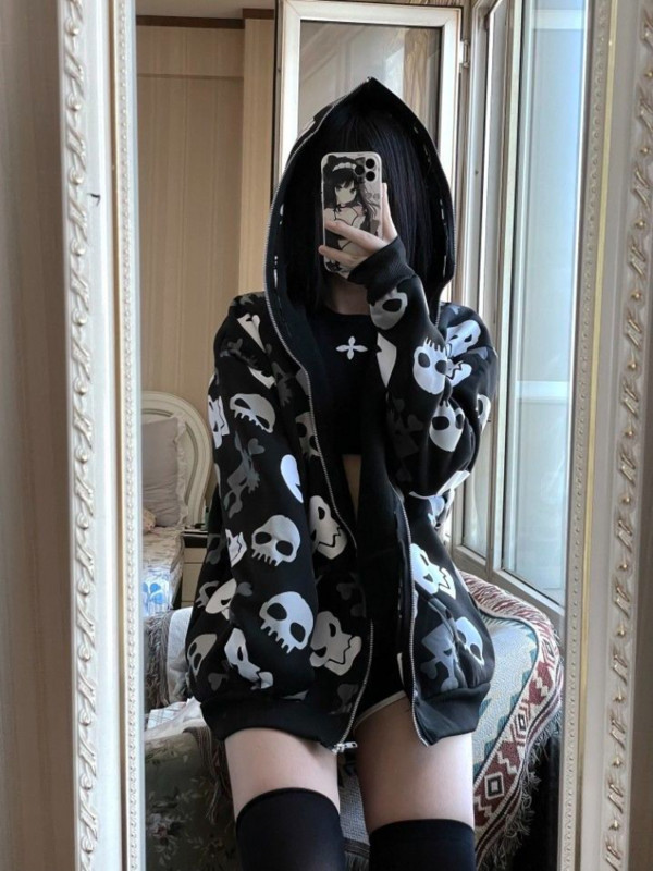 HOUZHOU Harajuku Grunge Vintage Zip Up Hoodies Γυναικεία 2023 γοτθικό κρανίο στάμπα γιαπωνέζικης μόδας Φούτερ Streetwear Y2k Ρούχα