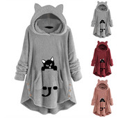 Μόδα φούτερ Γυναικεία μπουφάν με κουμπιά γάτα παλτό με κουκούλα Φαρδιά φούτερ με κουκούλα Φαρδιά φούτερ σε συν μέγεθος Ζεστό χοντρό φλις εξωτερικά ενδύματα