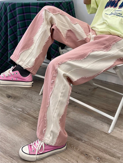 Γυναικεία ροζ Cargo τζιν τσέπη ίσια Vintage streetwear ψηλόμεσο casual μόδα φαρδύ με φαρδύ σκίσιμο στο πόδι Γυναικείο τζιν παντελόνι