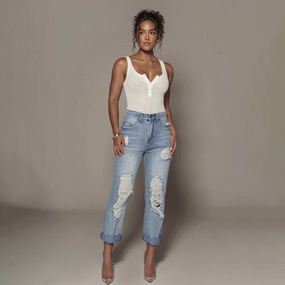 Γυναικείο Midi Waist ίσιο πόδι τζιν ταλαιπωρημένο τζιν παντελόνι μόδας 90s Loose φαρδύ πόδι Y2k Πλυμένο μπλε τζιν παντελόνι