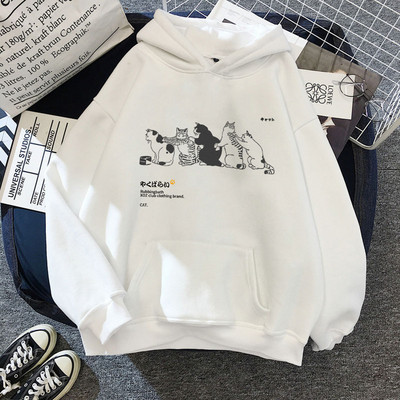 Női Hip Hop kapucnis pulóver Utcai ruházat Japán Kanji Harajuku Vicces macska pulóver Téli pulóver Top Print Oversize kapucnis női