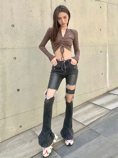 Slim Fit laienevad teksad Rebenenud kitsad püksid Naiste riided Kevad-sügis keskmise vöökohaga vabaaja tänavarõivad Naiste pestud teksapüksid