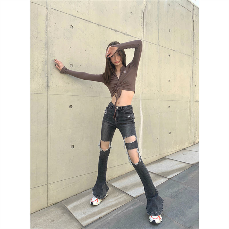 Slim Fit laienevad teksad Rebenenud kitsad püksid Naiste riided Kevad-sügis keskmise vöökohaga vabaaja tänavarõivad Naiste pestud teksapüksid