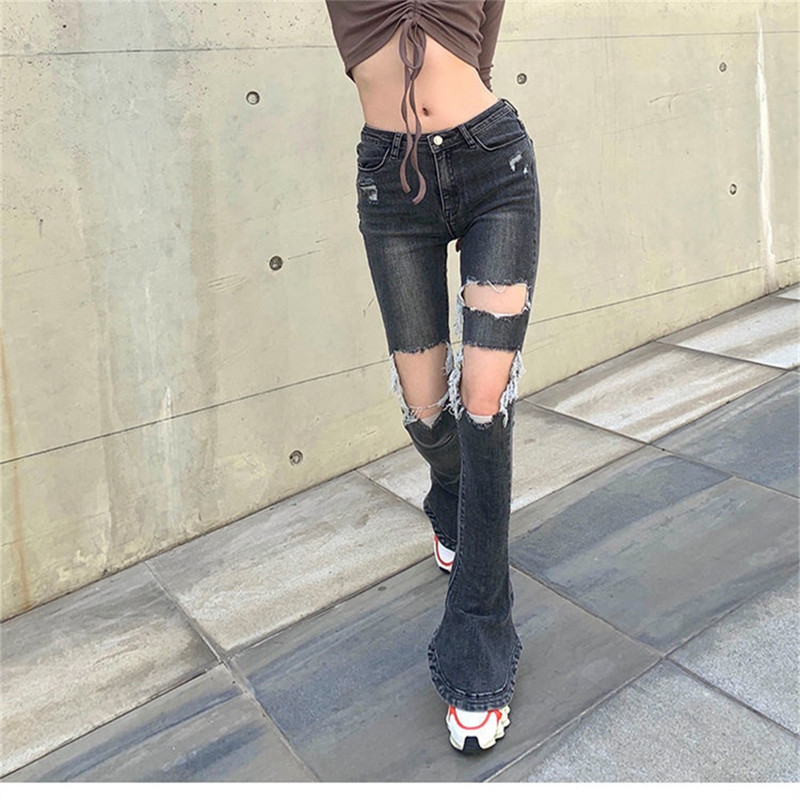 Slim Fit laienevad teksad Rebenenud kitsad püksid Naiste riided Kevad-sügis keskmise vöökohaga vabaaja tänavarõivad Naiste pestud teksapüksid