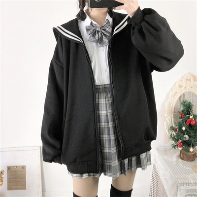 1 τμχ Fashion Oversized Φούτερ Kawaii Μαύρο Zip Up Hoodie Γυναικείο φούτερ με γιακά Sailor Ιαπωνικό streetwear