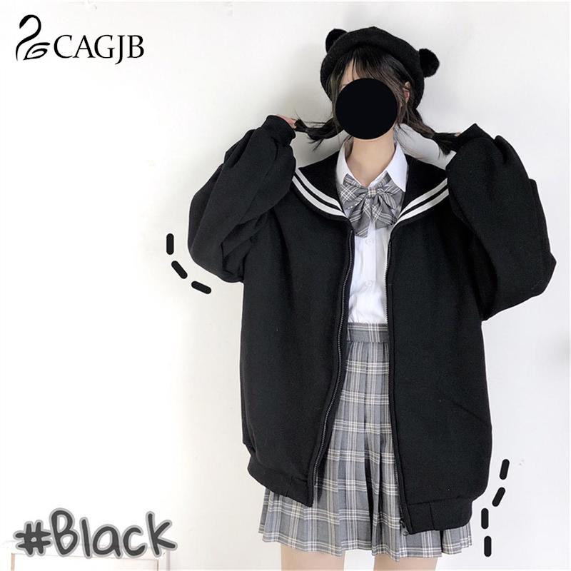 1 τμχ Fashion Oversized Φούτερ Kawaii Μαύρο Zip Up Hoodie Γυναικείο φούτερ με γιακά Sailor Ιαπωνικό streetwear