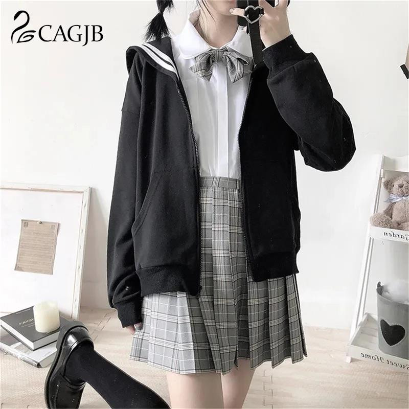 1 τμχ Fashion Oversized Φούτερ Kawaii Μαύρο Zip Up Hoodie Γυναικείο φούτερ με γιακά Sailor Ιαπωνικό streetwear