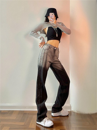 Hlače širokih nogavica Ženske traperice Zimske traper hlače s ravnim nogavicama visokog struka Jesen 2022. Ležerna odjeća u ulici Traperice s gradijentnim bojama