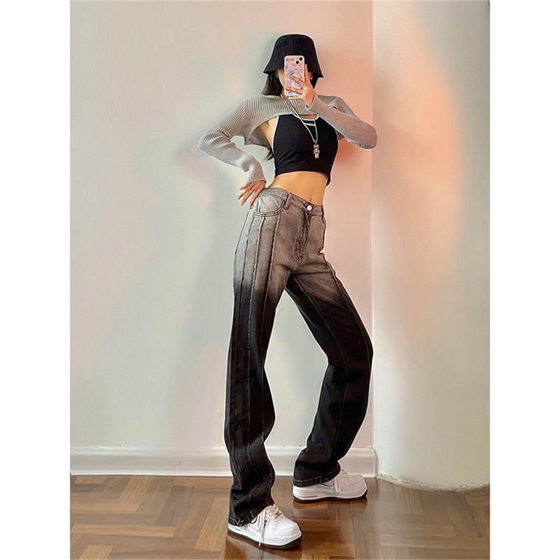 Hlače širokih nogavica Ženske traperice Zimske traper hlače s ravnim nogavicama visokog struka Jesen 2022. Ležerna odjeća u ulici Traperice s gradijentnim bojama