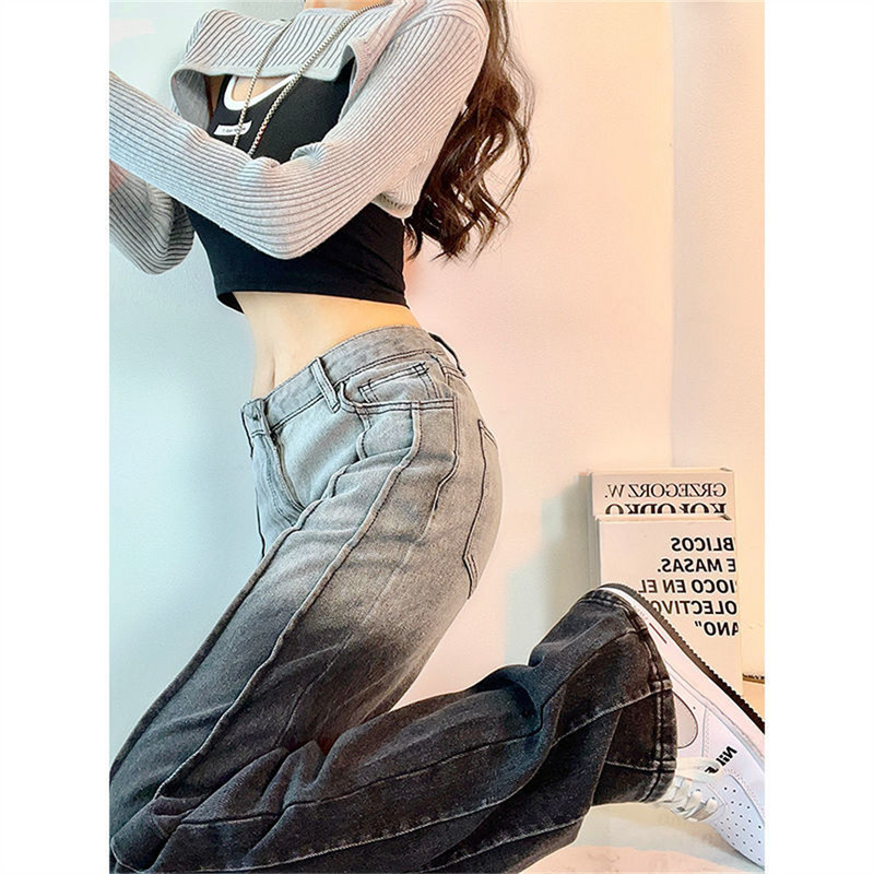 Hlače širokih nogavica Ženske traperice Zimske traper hlače s ravnim nogavicama visokog struka Jesen 2022. Ležerna odjeća u ulici Traperice s gradijentnim bojama