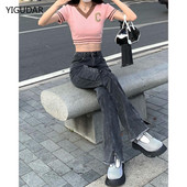 Κορεάτικο στιλ Harajuku Hot Mom Denim Jeans Y2K Grunge Vintage Χαμηλές Τσέπες Skinny Flare Παντελόνι 2000 Retro Cargo Παντελόνι