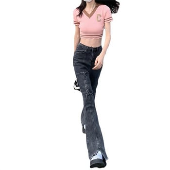 Κορεάτικο στιλ Harajuku Hot Mom Denim Jeans Y2K Grunge Vintage Χαμηλές Τσέπες Skinny Flare Παντελόνι 2000 Retro Cargo Παντελόνι