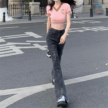 Κορεάτικο στιλ Harajuku Hot Mom Denim Jeans Y2K Grunge Vintage Χαμηλές Τσέπες Skinny Flare Παντελόνι 2000 Retro Cargo Παντελόνι