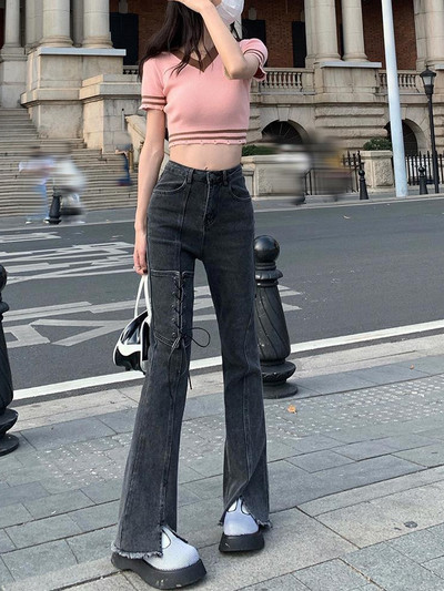 Κορεάτικο στιλ Harajuku Hot Mom Denim Jeans Y2K Grunge Vintage Χαμηλές Τσέπες Skinny Flare Παντελόνι 2000 Retro Cargo Παντελόνι