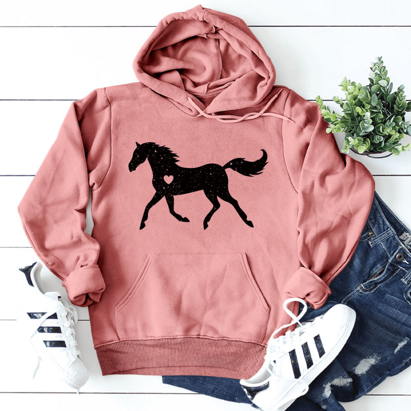Γυναικεία μακρυμάνικη φούτερ με κουκούλα Ευρωπαϊκή και Αμερικάνικη Μόδα με μοτίβο αγάπης για άλογα, απλό φθινόπωρο και χειμώνα