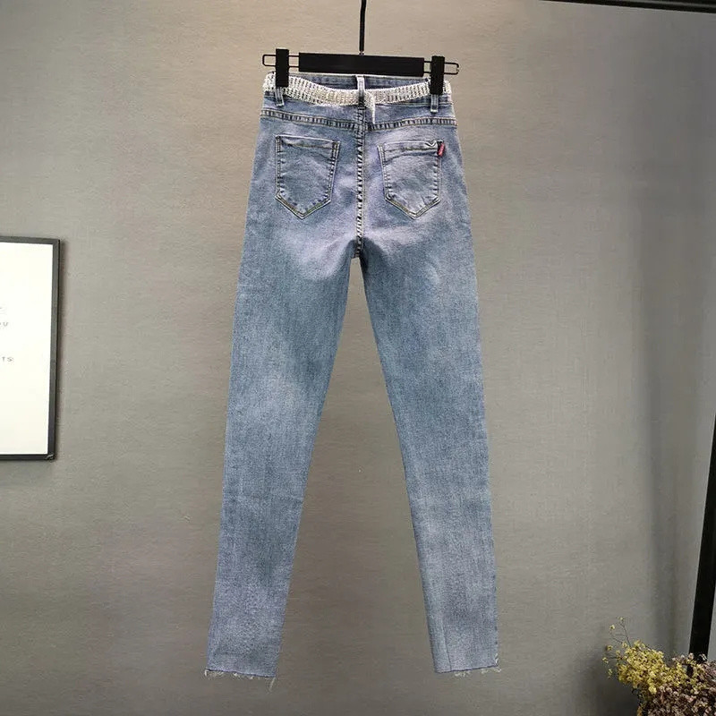 Gatvės apranga Y2k Moteriškas plius dydis 40–100 kg Džinsinės kelnės iki kulkšnies Korėjietiškos mados deimantai džinsai aukštu liemeniu Visoms tinkančios plonos kelnės