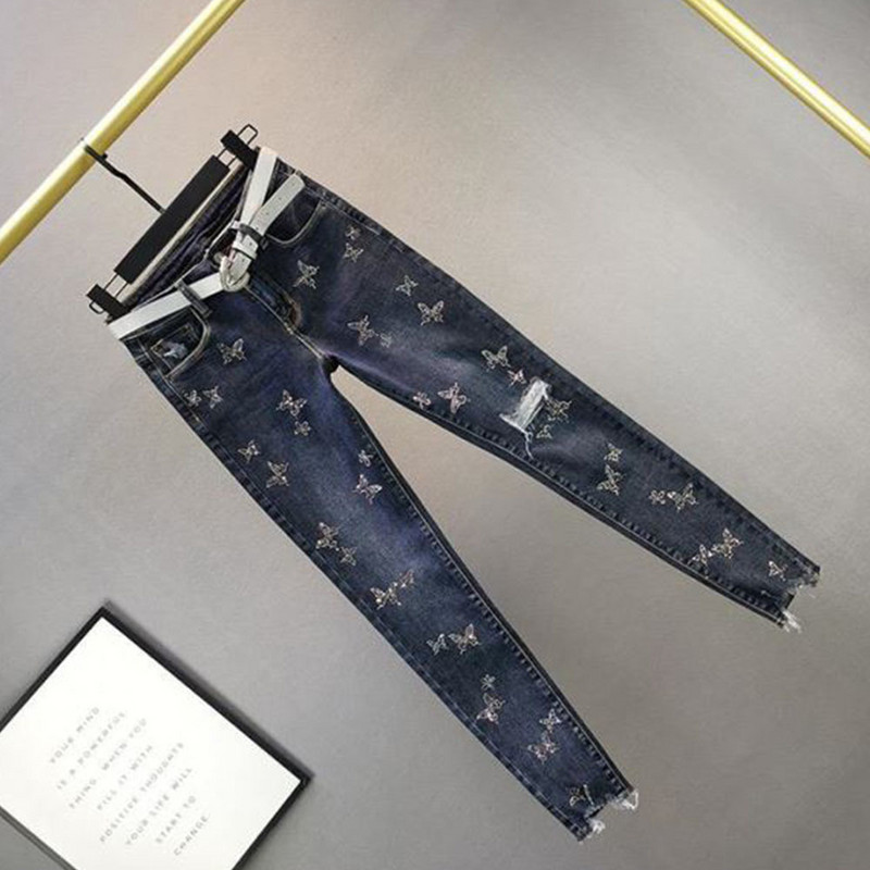 Traperice visokog struka Ženske modne poderane traperice s perlama, ležerne rastezljive traperice Ženske isprane traper hlače s olovkom