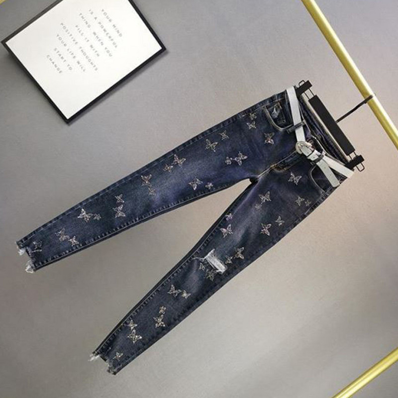 Traperice visokog struka Ženske modne poderane traperice s perlama, ležerne rastezljive traperice Ženske isprane traper hlače s olovkom