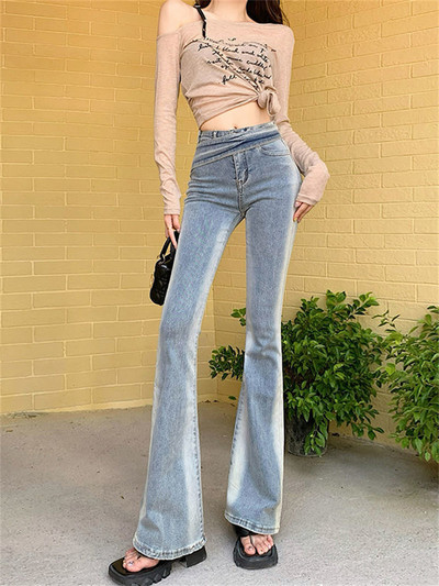 Button Fly Γυναικεία Raw Hem Flare Jeans Φθινοπωρινή μόδα Γυναικεία τζιν παντελόνι Jean Femme ψηλή μέση Ολόσωμο λεπτό τζιν γυναικεία