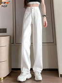 Κλασικό τζιν με ψηλόμεσο λευκό φαρδύ πόδι για γυναίκες Κορεάτικη μόδα All-match Streetwear Τζιν παντελόνι Ανοιξιάτικο κομψό παντελόνι