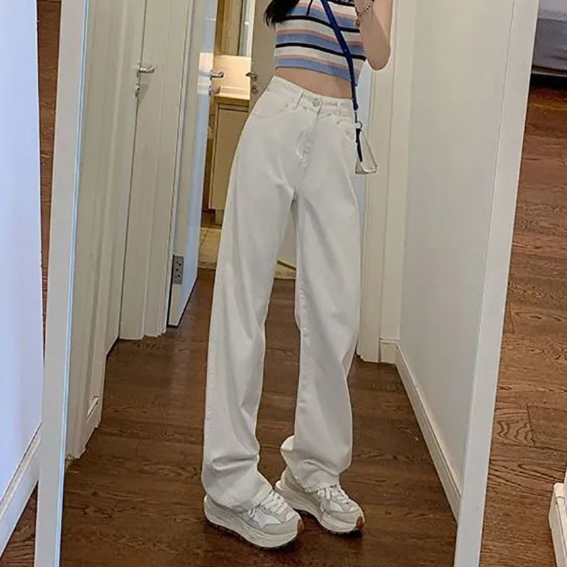 Κλασικό τζιν με ψηλόμεσο λευκό φαρδύ πόδι για γυναίκες Κορεάτικη μόδα All-match Streetwear Τζιν παντελόνι Ανοιξιάτικο κομψό παντελόνι
