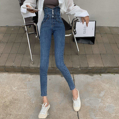 Ψηλόμεσο λεπτό παντελόνι μολύβι για γυναίκες Άνοιξη φθινόπωρο ακανόνιστες άκρες μονό στήθος στενό τζιν παντελόνι τζιν παντελόνι