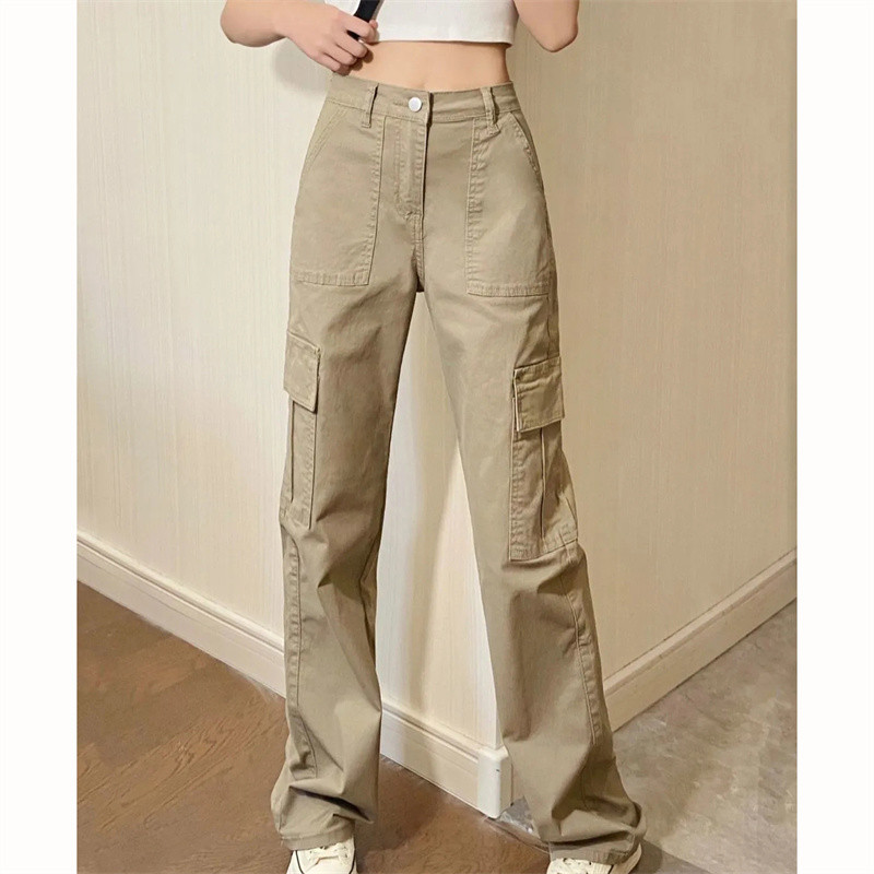 Harajuku modne ravne traperice s višestrukim džepovima u jednoj boji za žene Hlače s patentnim zatvaračem visokog struka Ulična odjeća Y2k široke traperice
