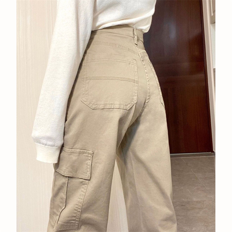 Harajuku modne ravne traperice s višestrukim džepovima u jednoj boji za žene Hlače s patentnim zatvaračem visokog struka Ulična odjeća Y2k široke traperice