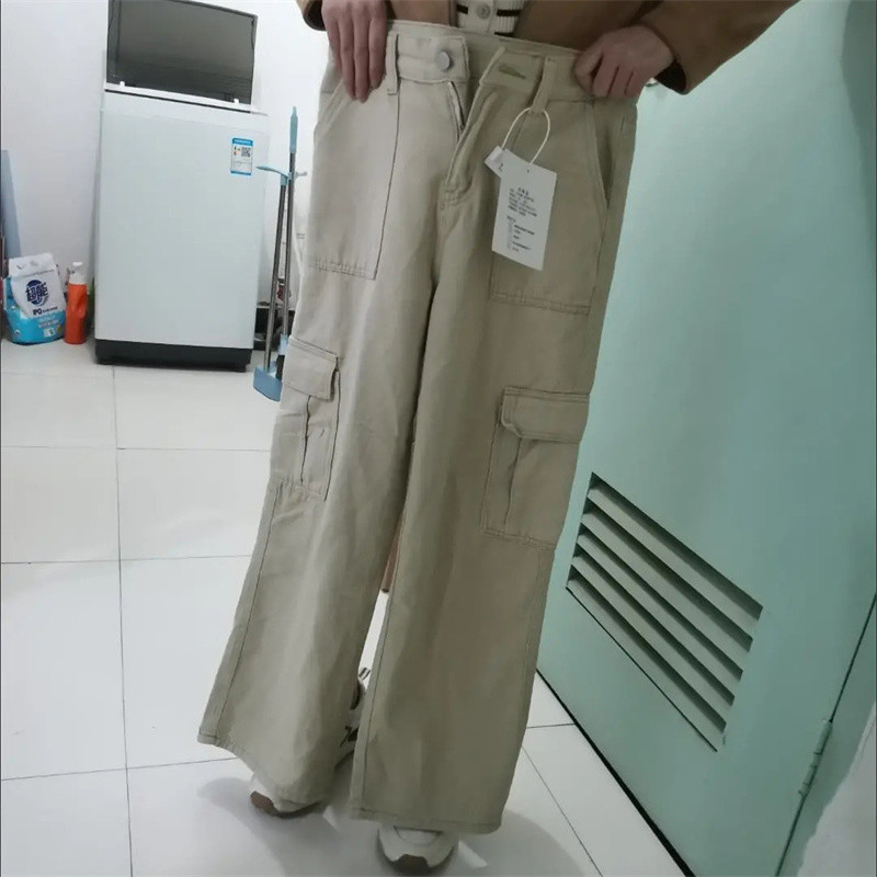 Harajuku modne ravne traperice s višestrukim džepovima u jednoj boji za žene Hlače s patentnim zatvaračem visokog struka Ulična odjeća Y2k široke traperice
