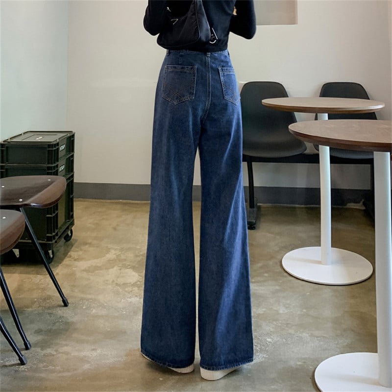 Tamnoplave ženske traperice visokog struka Vintage ravne široke traper hlače Ulična odjeća Američki stil Modne traper hlače širokih nogavica