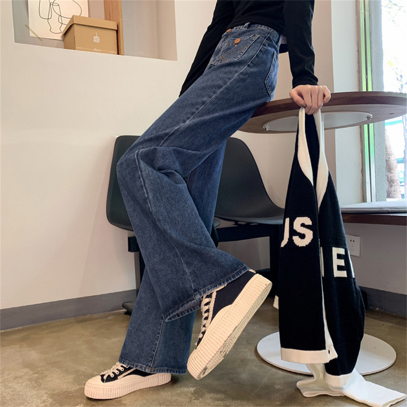 Tamnoplave ženske traperice visokog struka Vintage ravne široke traper hlače Ulična odjeća Američki stil Modne traper hlače širokih nogavica