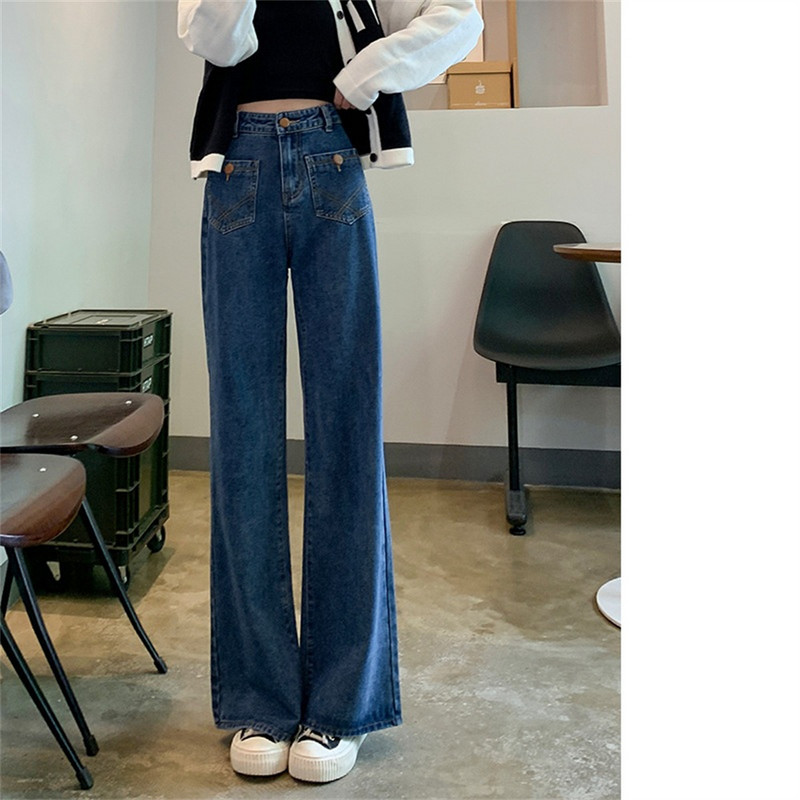 Tamnoplave ženske traperice visokog struka Vintage ravne široke traper hlače Ulična odjeća Američki stil Modne traper hlače širokih nogavica