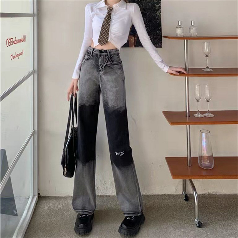 Must Naiste teksad Gradient laia säärega teksad naistele kõrge vöökohaga Naiste püksid Sinised Sirged teksad lahtised naiste teksapüksid